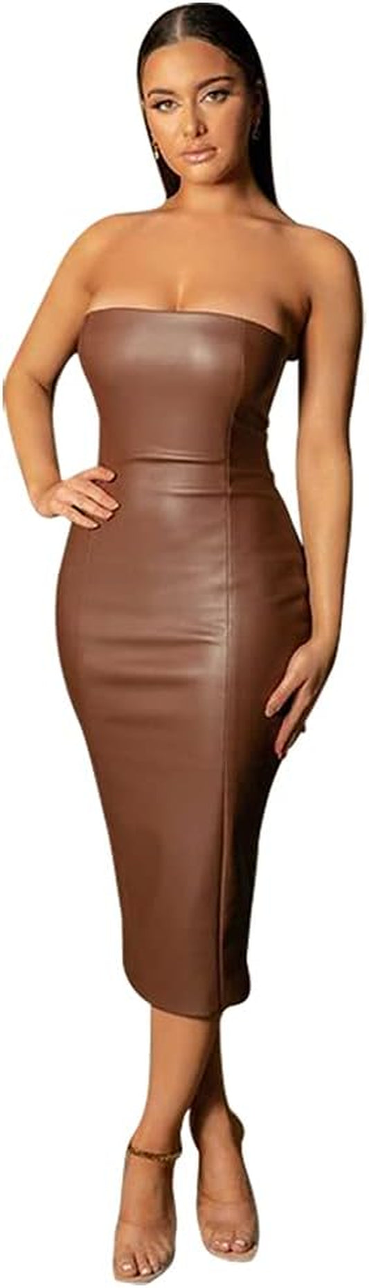 Women Strapless Tube Top Midi Dress off Shoulder Bodycon Party Dress