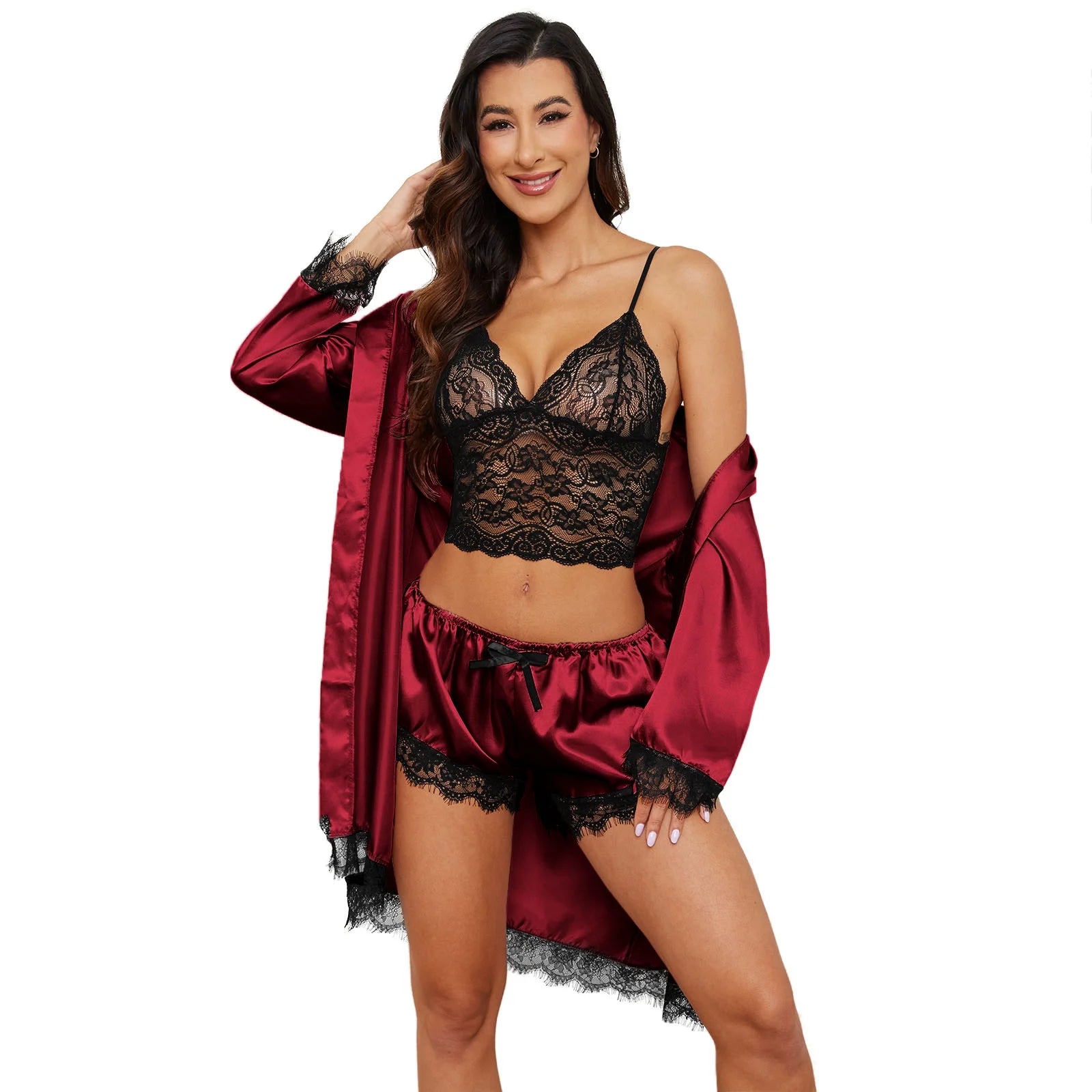 Sexy Lingerie,  Silk Satin Pajamas for Women, Womens Summer Pajamas Pjs Sets of 4 Pcs with Floral Lace Top Shorts and Robe, Gift for Women, Black, XL