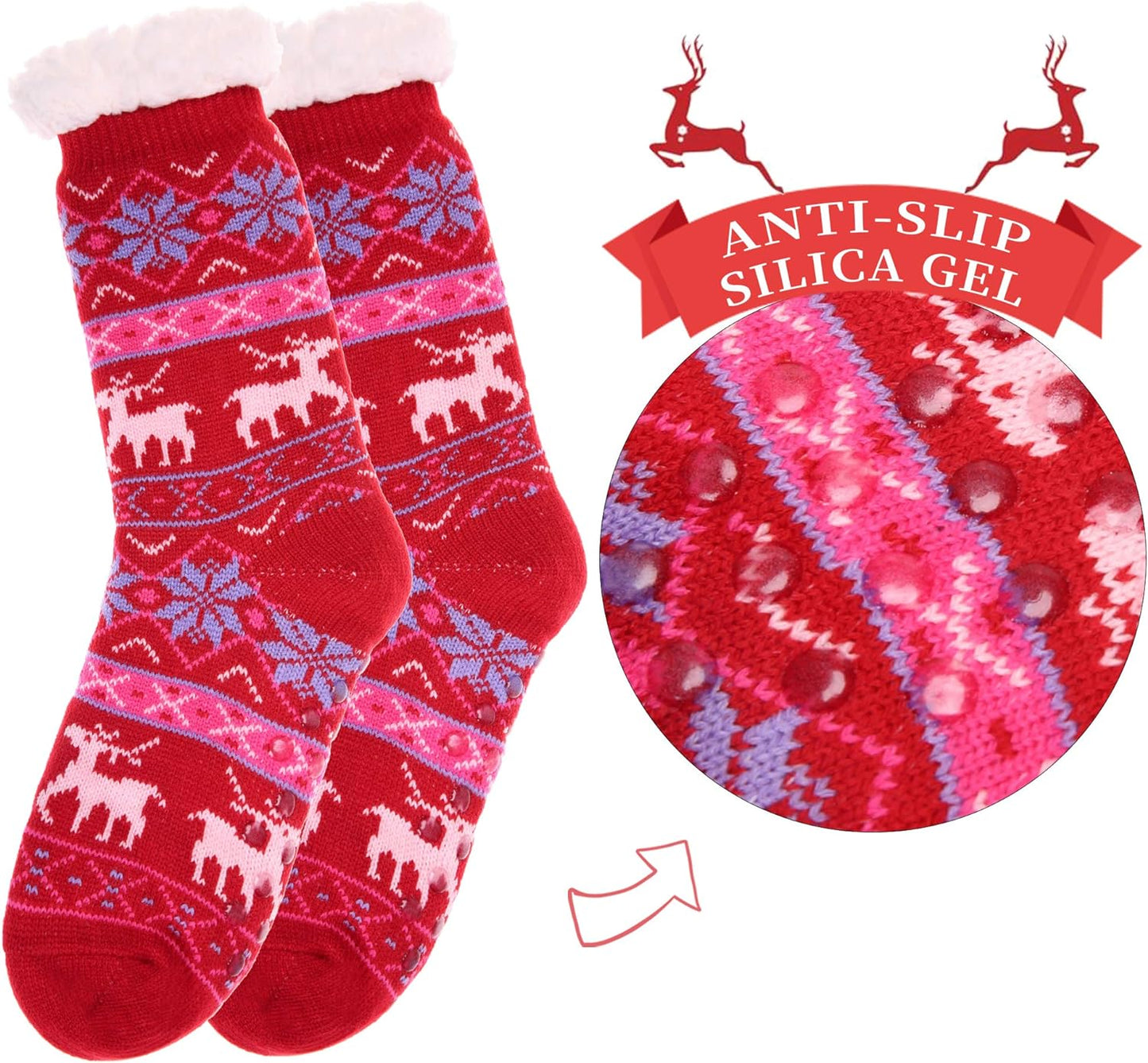 Women'S Winter Super Soft Warm Cozy Fuzzy Snowflake Deer Fleece-Lined with Grippers Slipper Socks