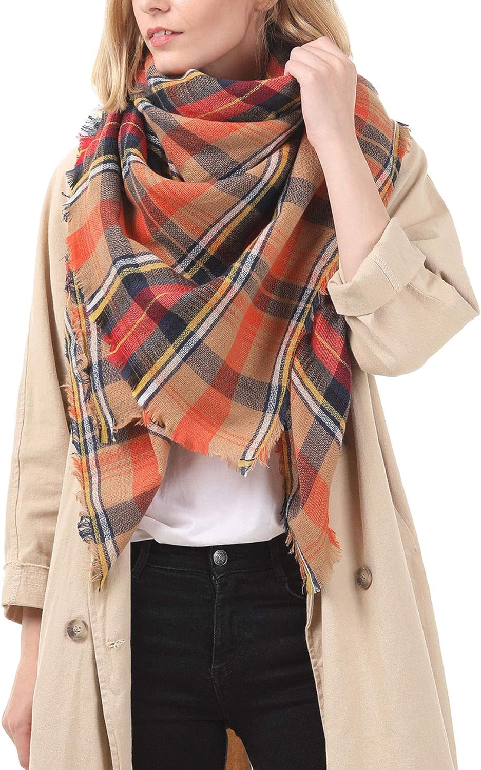 Trendy Women'S Cozy Warm Winter Fall Blanket Scarf Stylish Soft Chunky Checked Giant Scarves Shawl Cape