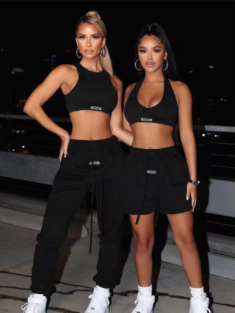 Sporty Two Piece Set Girl Halter Crop Tops+Drawstring Sweatpants Slim Activewear Casual Gym Workout Fitness Womens Outfits