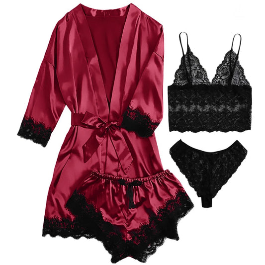 Sexy Lingerie,  Silk Satin Pajamas for Women, Womens Summer Pajamas Pjs Sets of 4 Pcs with Floral Lace Top Shorts and Robe, Gift for Women, Black, XL